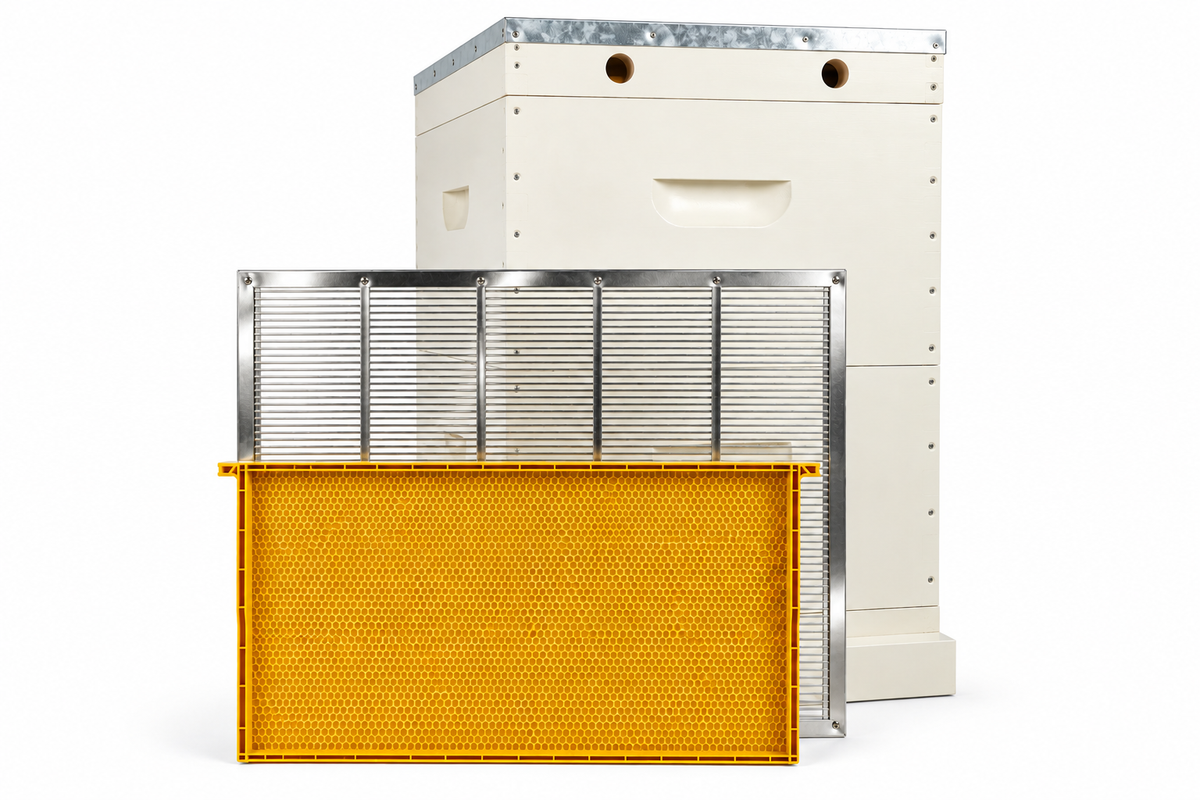 10 Frame Double Beehive β 22mm Timber, Plastic Frames black / yellow, Wax Dipped & Painted