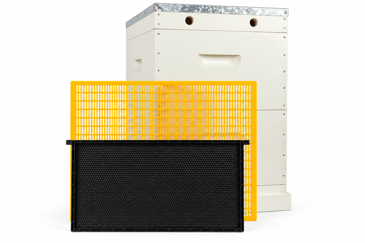 10 Frame Double Beehive – 22mm Timber, Plastic Frames black / yellow, Wax Dipped & Painted
